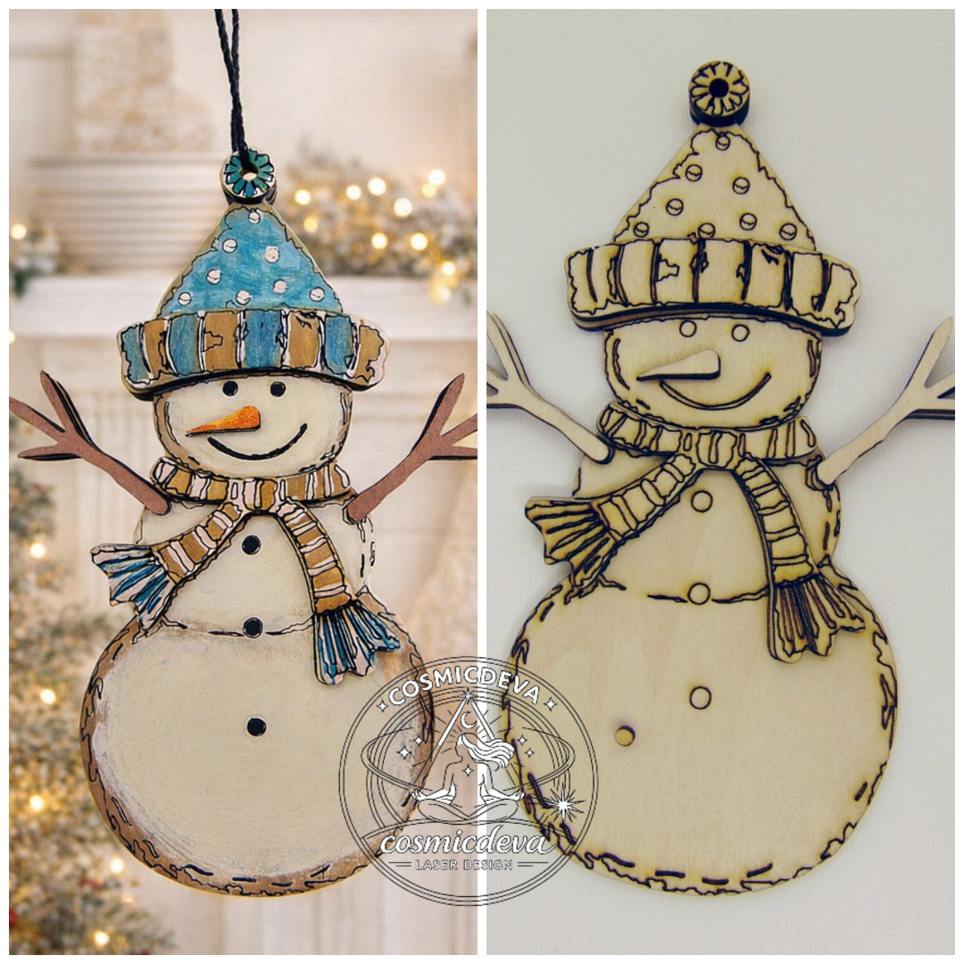 Wooden Snowman Christmas Ornament with Scarf and Hat • Wood Blanks,  Ready to Paint or Hand Painted • DIY Holiday Craft • Layered Wood Ornament (Copy) - CosmicDeva