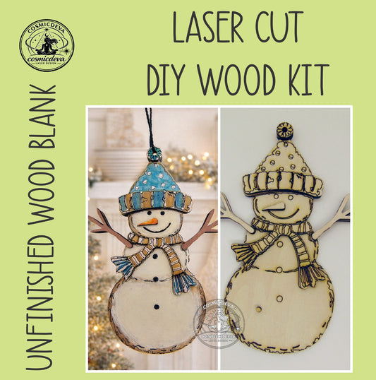 Wooden Snowman Christmas Ornament with Scarf and Hat • Wood Blanks,  Ready to Paint or Hand Painted • DIY Holiday Craft • Layered Wood Ornament (Copy) - CosmicDeva