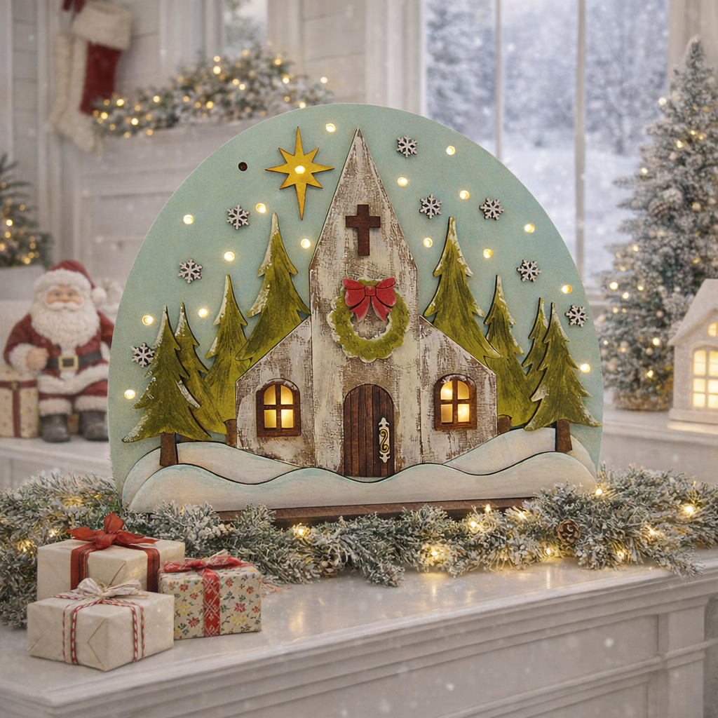 Lighted layered wood Church Christmas shelf sitter featuring a snowy winter scene, glowing windows, and embedded LED lights. Perfect rustic holiday décor for mantels, entry tables, and faith inspired Christmas displays. Handmade and beautifully detailed.