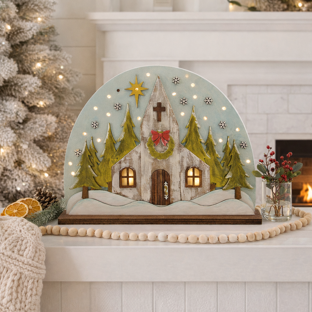 Lighted layered wood Church Christmas shelf sitter featuring a snowy winter scene, glowing windows, and embedded LED lights. Perfect rustic holiday décor for mantels, entry tables, and faith inspired Christmas displays. Handmade and beautifully detailed.