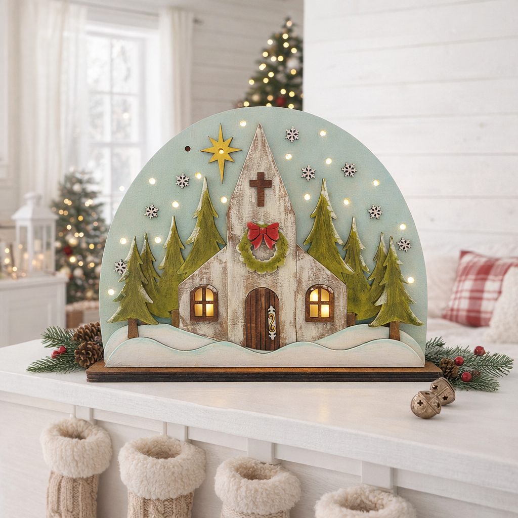 Lighted layered wood Church Christmas shelf sitter featuring a snowy winter scene, glowing windows, and embedded LED lights. Perfect rustic holiday décor for mantels, entry tables, and faith inspired Christmas displays. Handmade and beautifully detailed.
