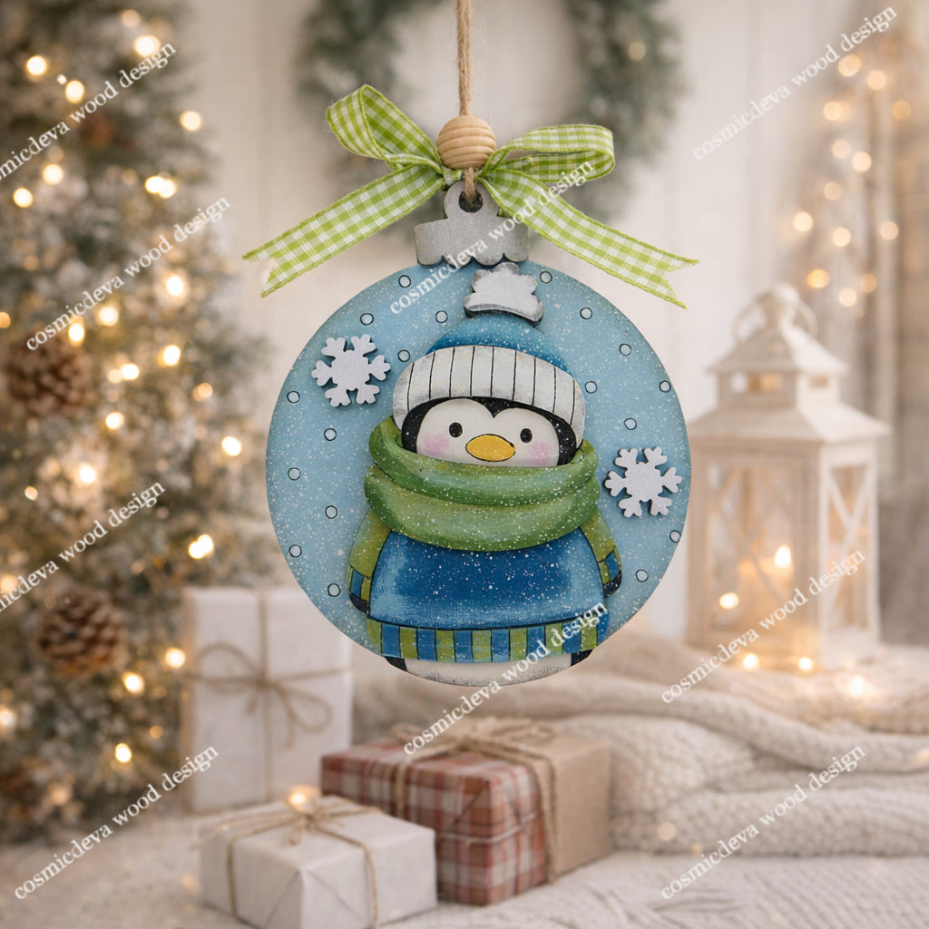 Hand painted Penguin Sweater Scarf Ornament featuring a cute bundled up penguin. Cozy layered birchwood Christmas décor ideal for trees, garlands, gift tags, and festive winter decorating.