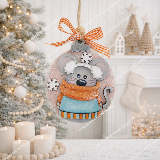 Hand painted Mouse Sweater Scarf Ornament with earmuffs and scarf. Adorable layered birchwood Christmas décor perfect for trees, stockings, gift tags, and cozy holiday displays.
