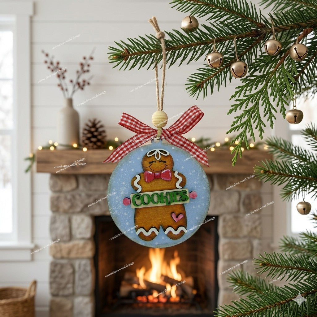 Hand painted wooden gingerbread man Christmas ornament with rolling pin “Cookies” cut out, blue sprinkle background, jute twine, wood bead, and checkered bow. Cute handmade holiday décor for bakers and cookie lovers.