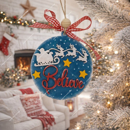Celebrate the magic with a "Believe" Santa Sleigh wooden ornament. Hand-painted, 3D layered birch wood design with a polished, double-sided finish. Shop unique handmade holiday decor!