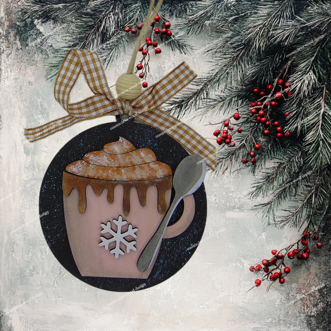 Warm up your tree with this hand-painted Rose Hot Cocoa Mug Wood Ornament. Featuring a snowflake design and rustic twine, it’s the perfect cozy holiday gift!