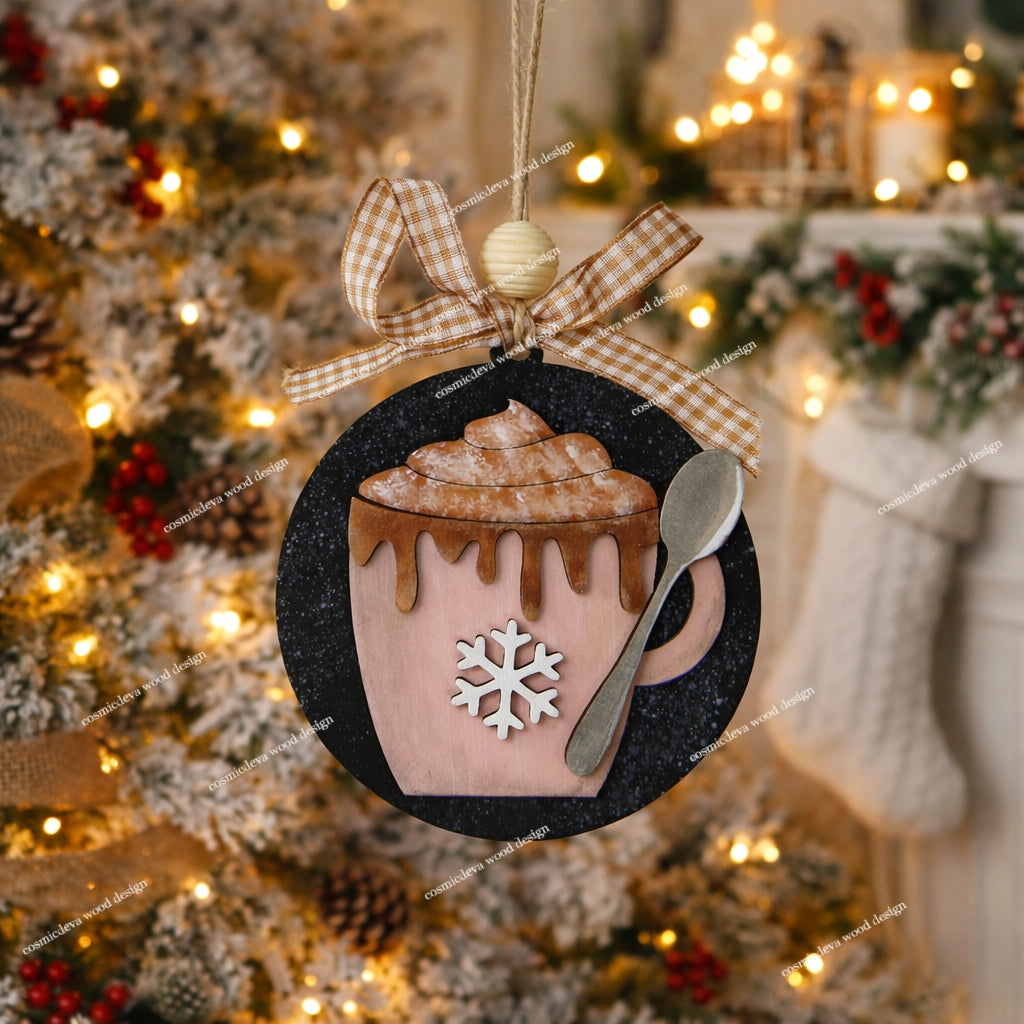 Warm up your tree with this hand-painted Rose Hot Cocoa Mug Wood Ornament. Featuring a snowflake design and rustic twine, it’s the perfect cozy holiday gift!