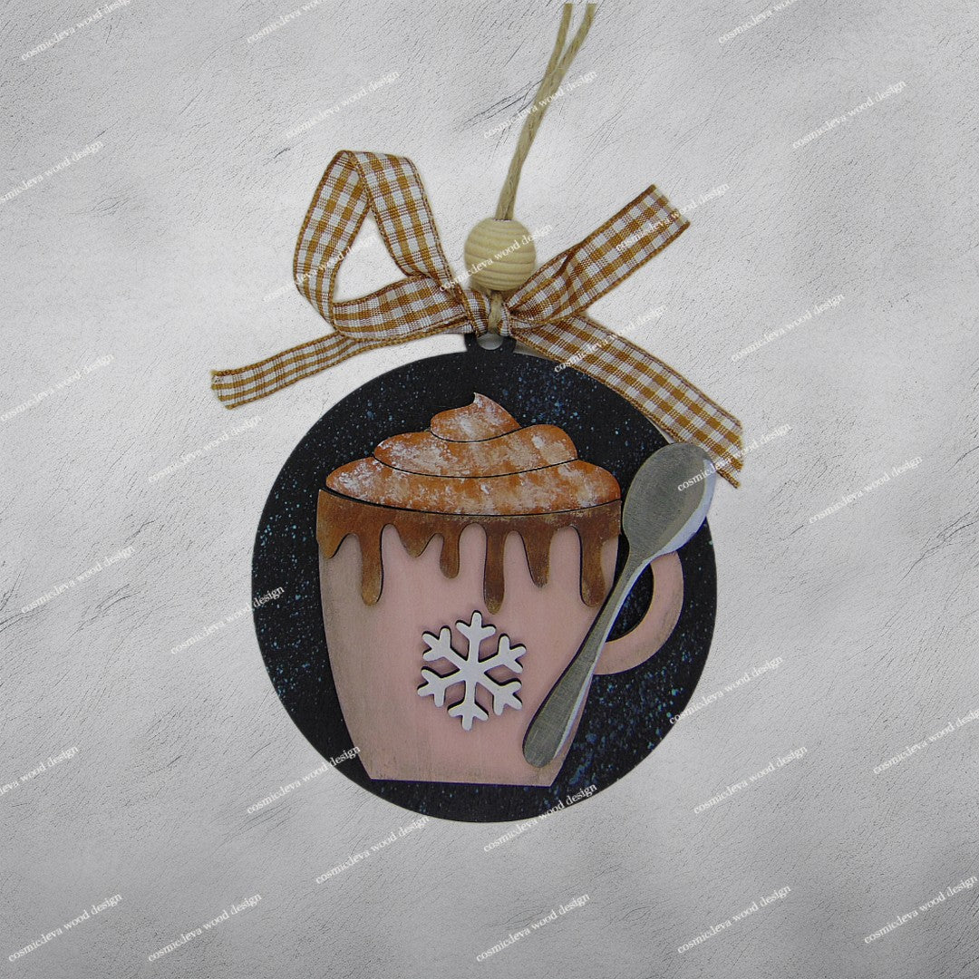 Hand Painted Cozy Cocoa and Pink Mug Wood Christmas Ornament - CosmicDeva