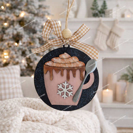 Warm up your tree with this hand-painted Rose Hot Cocoa Mug Wood Ornament. Featuring a snowflake design and rustic twine, it’s the perfect cozy holiday gift!