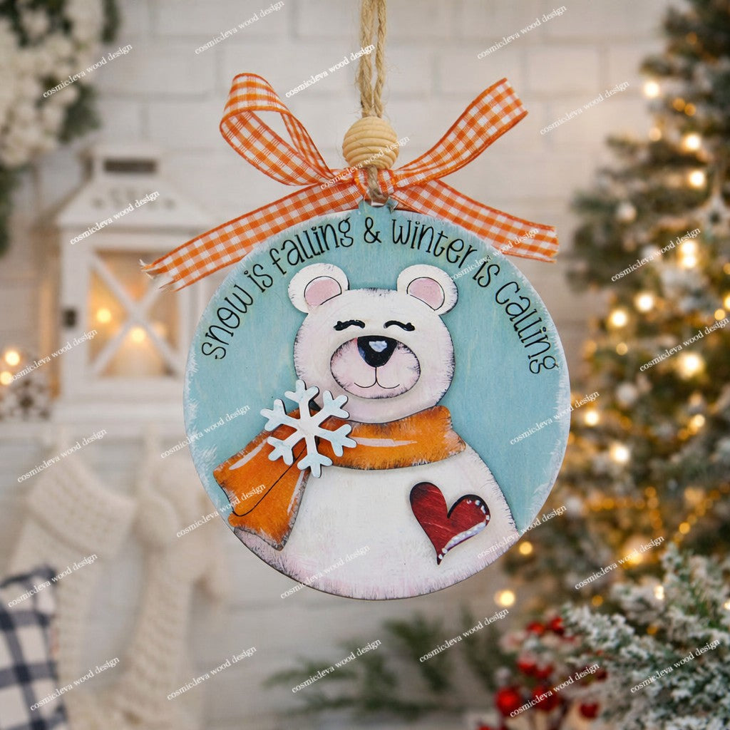 Find the perfect hand-painted polar bear Christmas ornament. Made from 3mm birchwood, this layered winter keepsake is ideal for holiday gifting and whimsical tree decor.