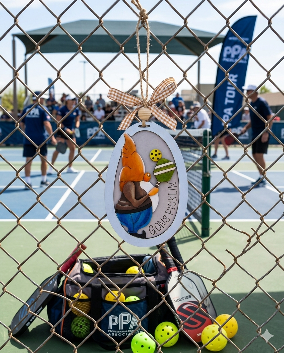 Hand painted 3D Pickleball Gnome Ornament with orange cap. Layered birch wood décor for year round pickleball lovers. Great gift for players, coaches, and fans.