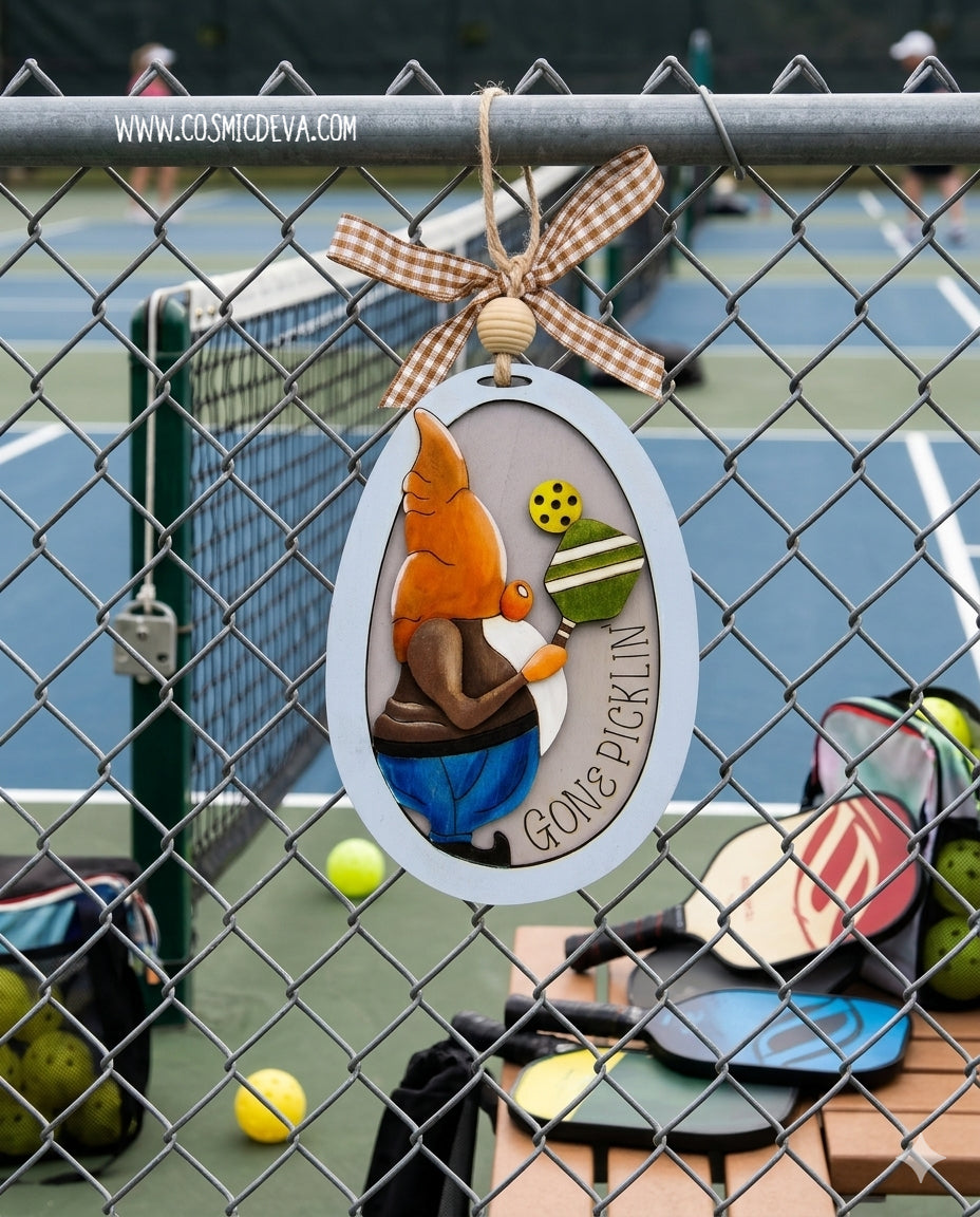 Hand painted 3D Pickleball Gnome Ornament with orange cap. Layered birch wood décor for year round pickleball lovers. Great gift for players, coaches, and fans.