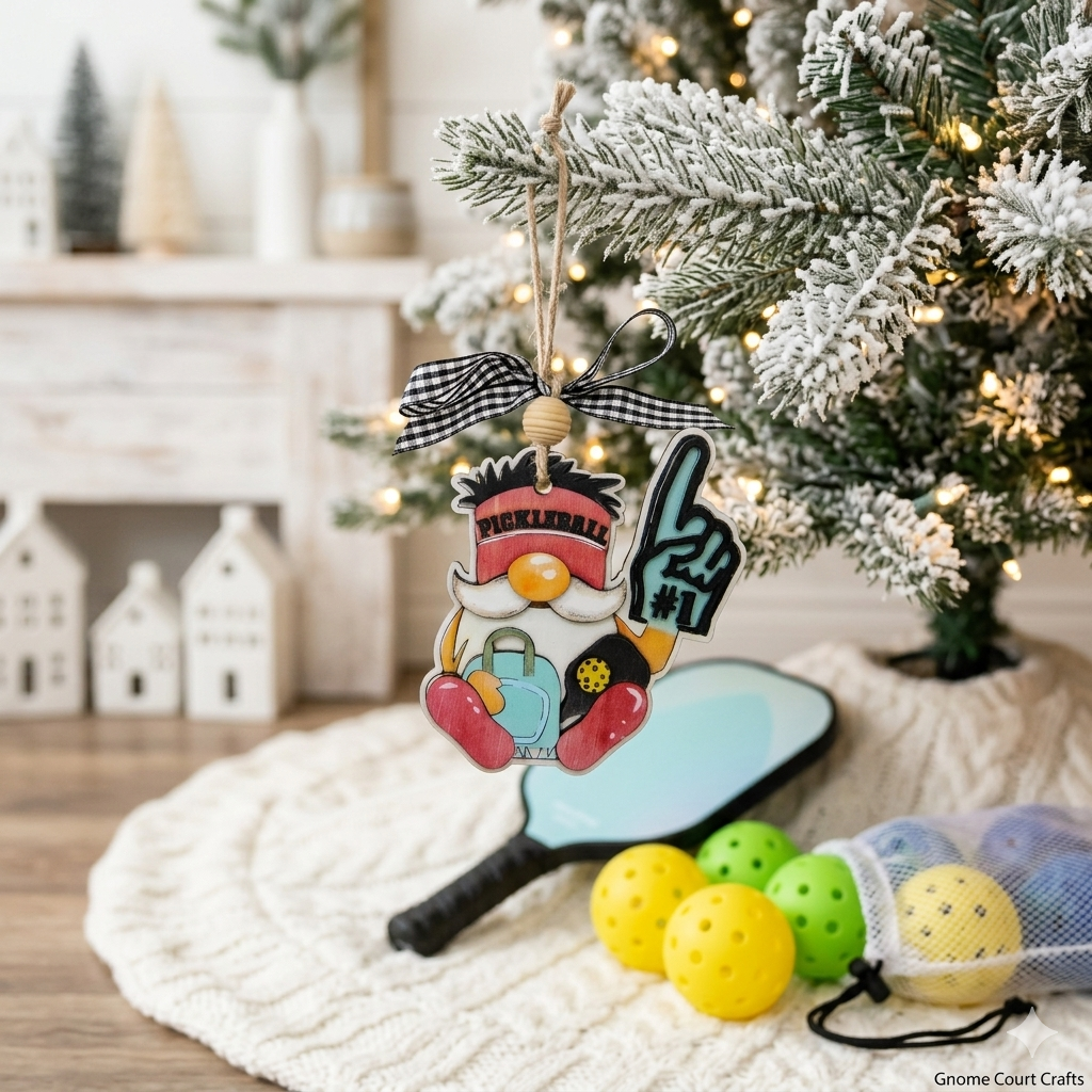Looking for the perfect pickleball gift? This 3D layered wood Pickleball Gnome Ornament features a "Number 1" pose, hand-painted details, and a rustic bow. Ideal for Christmas trees, tournament prizes, or coach gifts. Durable, artisan-made, and ready to hang!