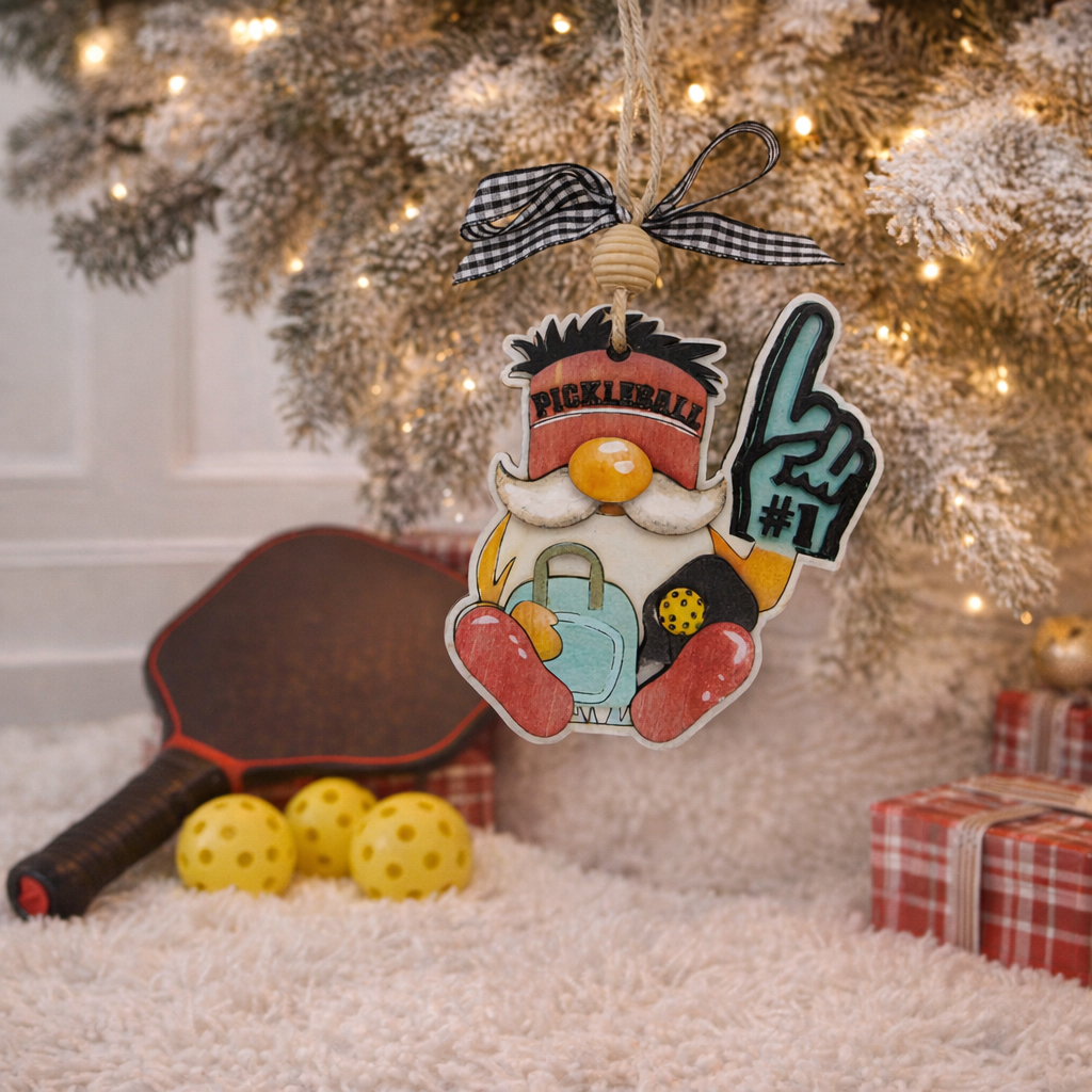 Looking for the perfect pickleball gift? This 3D layered wood Pickleball Gnome Ornament features a "Number 1" pose, hand-painted details, and a rustic bow. Ideal for Christmas trees, tournament prizes, or coach gifts. Durable, artisan-made, and ready to hang!