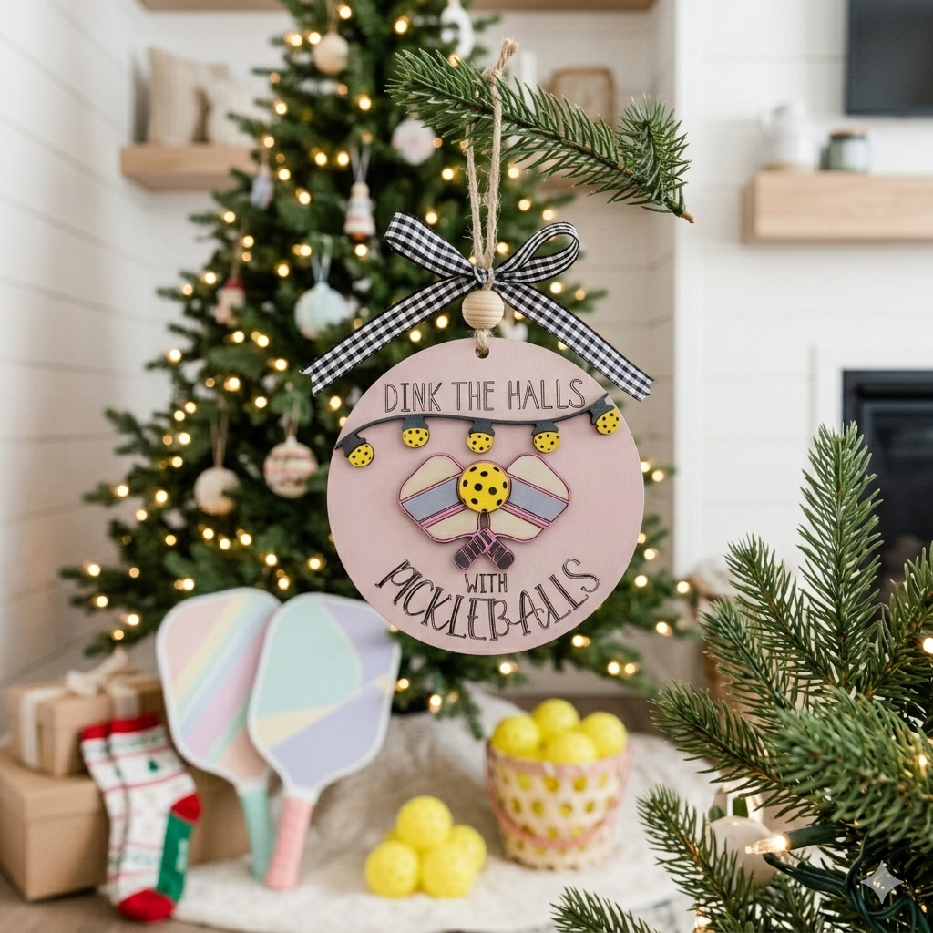 Hand painted pickleball Christmas ornament featuring the engraved phrase “Dink the Halls with Pickleballs.” Multi layered premium wood, 3D design, crossed paddles, festive garland, and handmade checkered bow. A perfect holiday gift for pickleball players and fans.