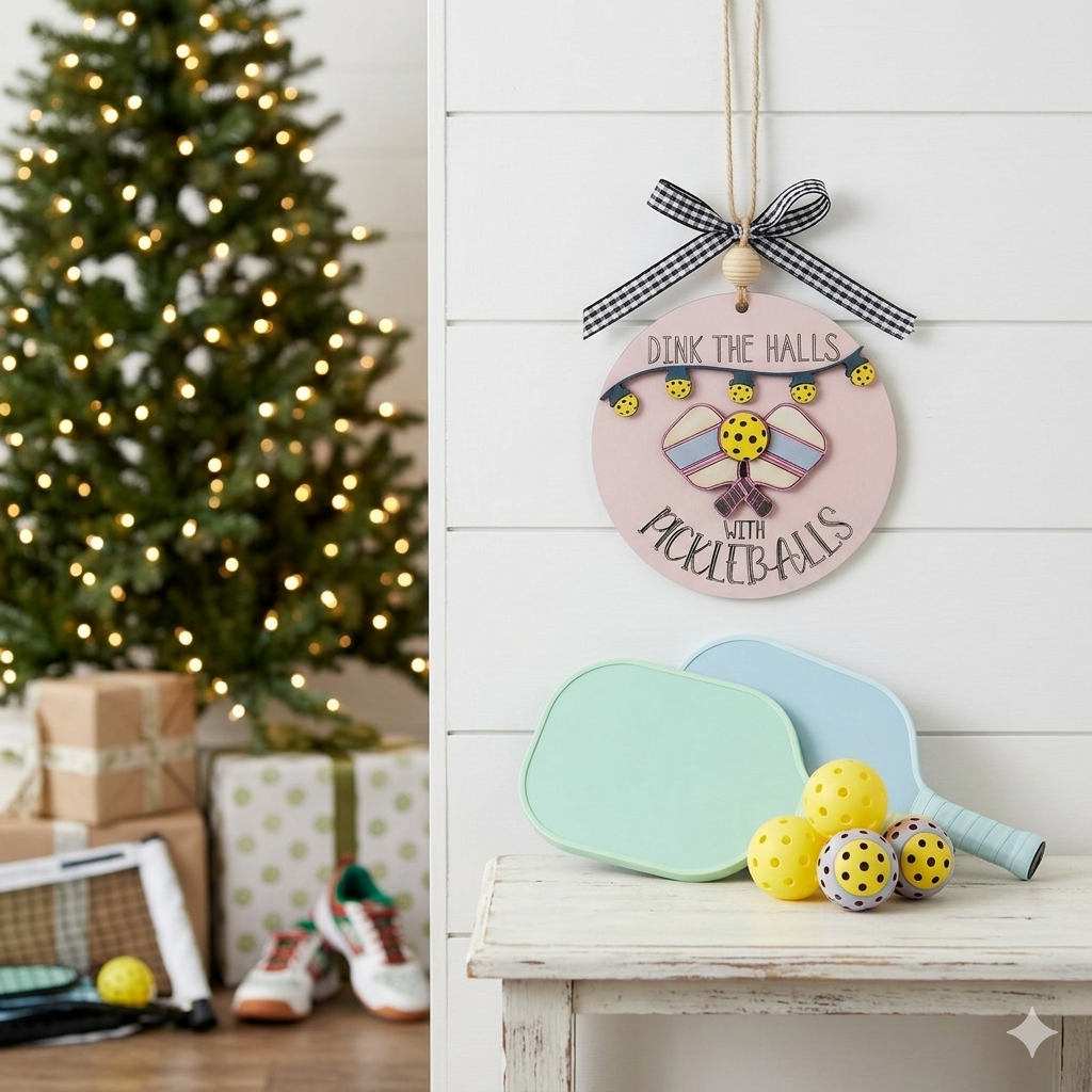 Hand painted pickleball Christmas ornament featuring the engraved phrase “Dink the Halls with Pickleballs.” Multi layered premium wood, 3D design, crossed paddles, festive garland, and handmade checkered bow. A perfect holiday gift for pickleball players and fans.