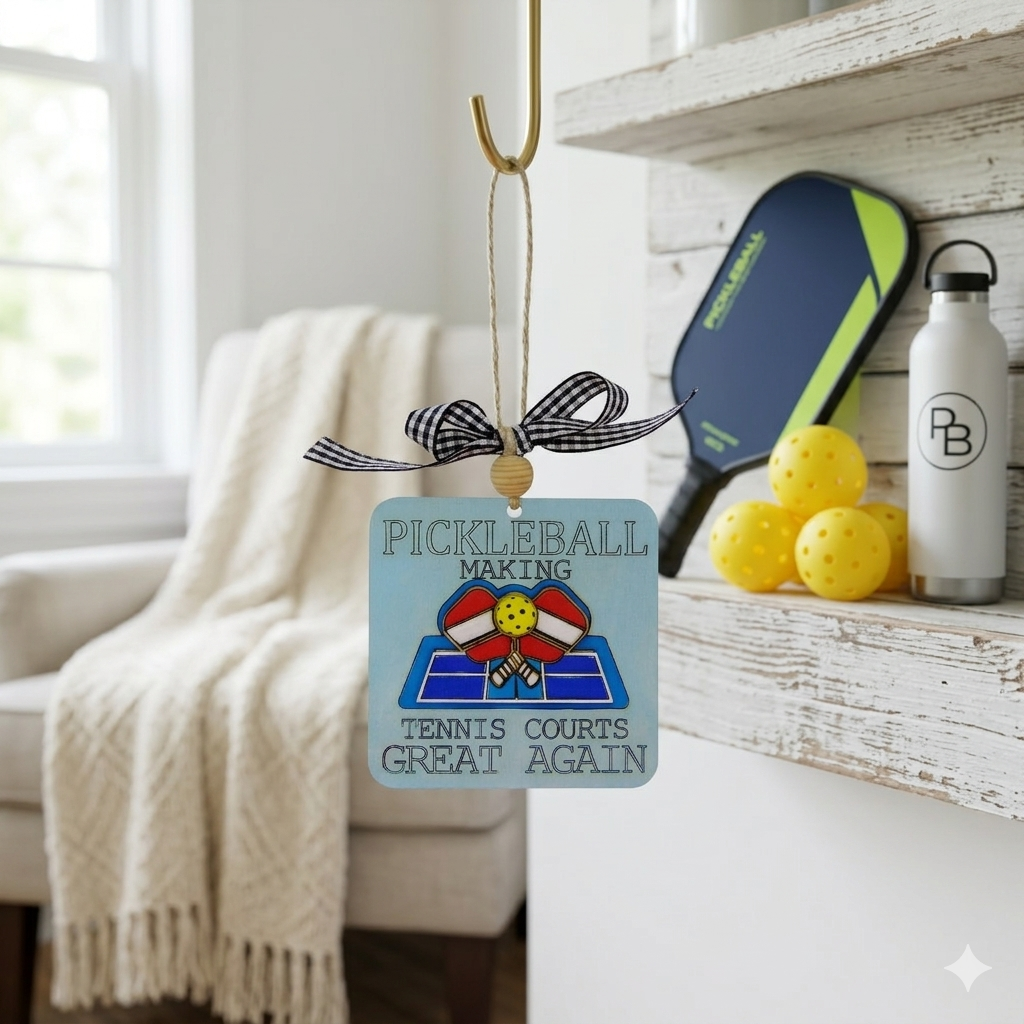 Celebrate the sport you love with this handcrafted Pickleball Ornament featuring the engraved phrase “Pickleball making tennis courts great again” and a 3D layered wood court with crossed paddles. Laser cut, hand painted, double sided, and gift ready—perfect for pickleball players, fans, and holiday décor.