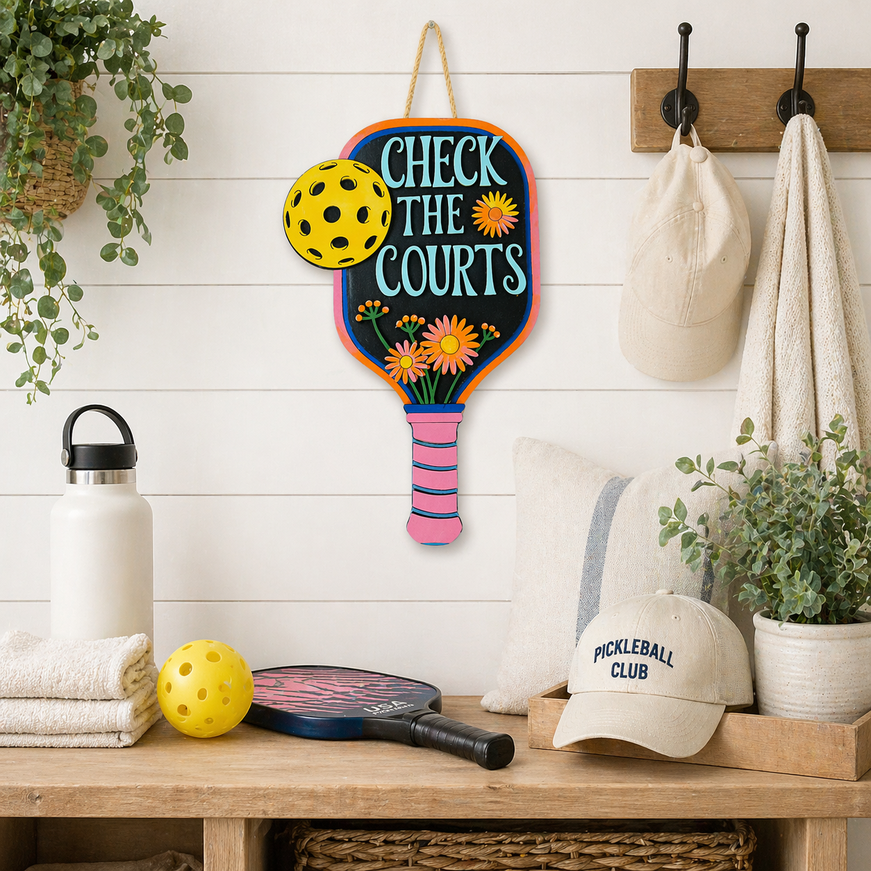 Bring pickleball charm into your home with this hand painted wooden pickleball paddle wall sign, featuring 3D floral details and the cut out phrase “Check the Courts.” Available finished or as a DIY craft kit, this lightweight 3mm laser cut paddle makes the perfect wall hanger for pickleball obsessed fans, players, and gift givers.