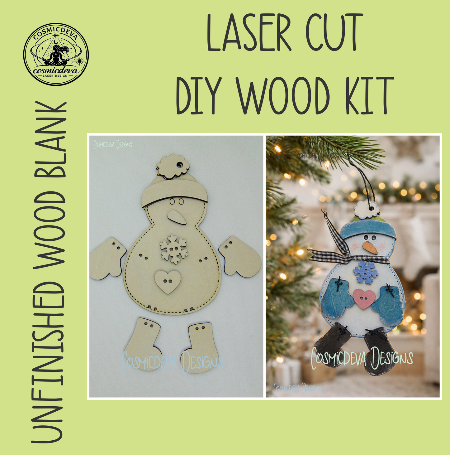 Handmade wooden stitched snowman ornament with fabric scarf, blue mitten, carrot nose, and hand painted layered details. Cute Christmas décor and winter holiday gift. DIY KIT