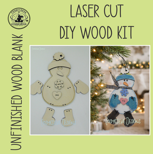 Handmade wooden stitched snowman ornament with fabric scarf, blue mitten, carrot nose, and hand painted layered details. Cute Christmas décor and winter holiday gift. DIY KIT