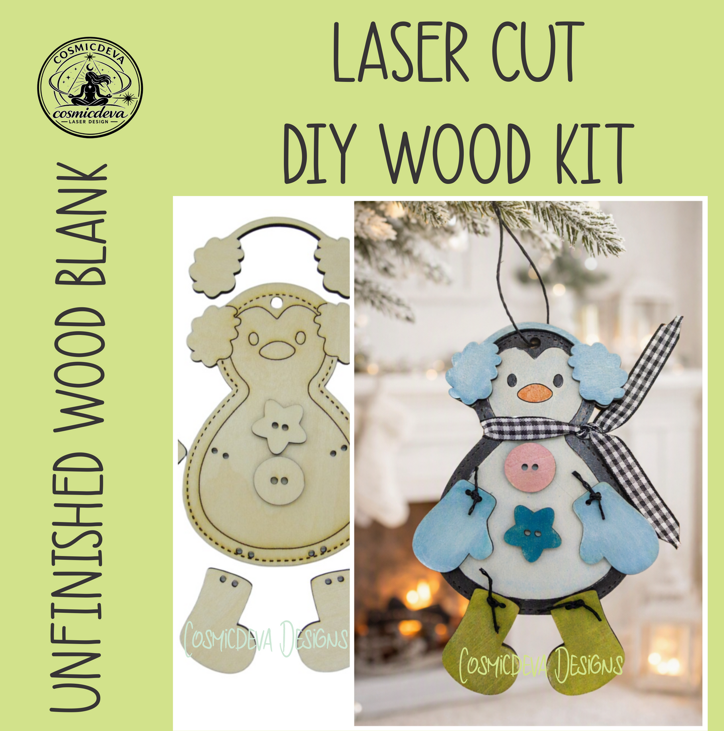 Handmade stitched wooden penguin ornament with mitten and checkerboard bow scarf. Cozy hand painted Christmas décor or DIY unfinished wood kit. Perfect for trees, stockings, and unique holiday gifts.