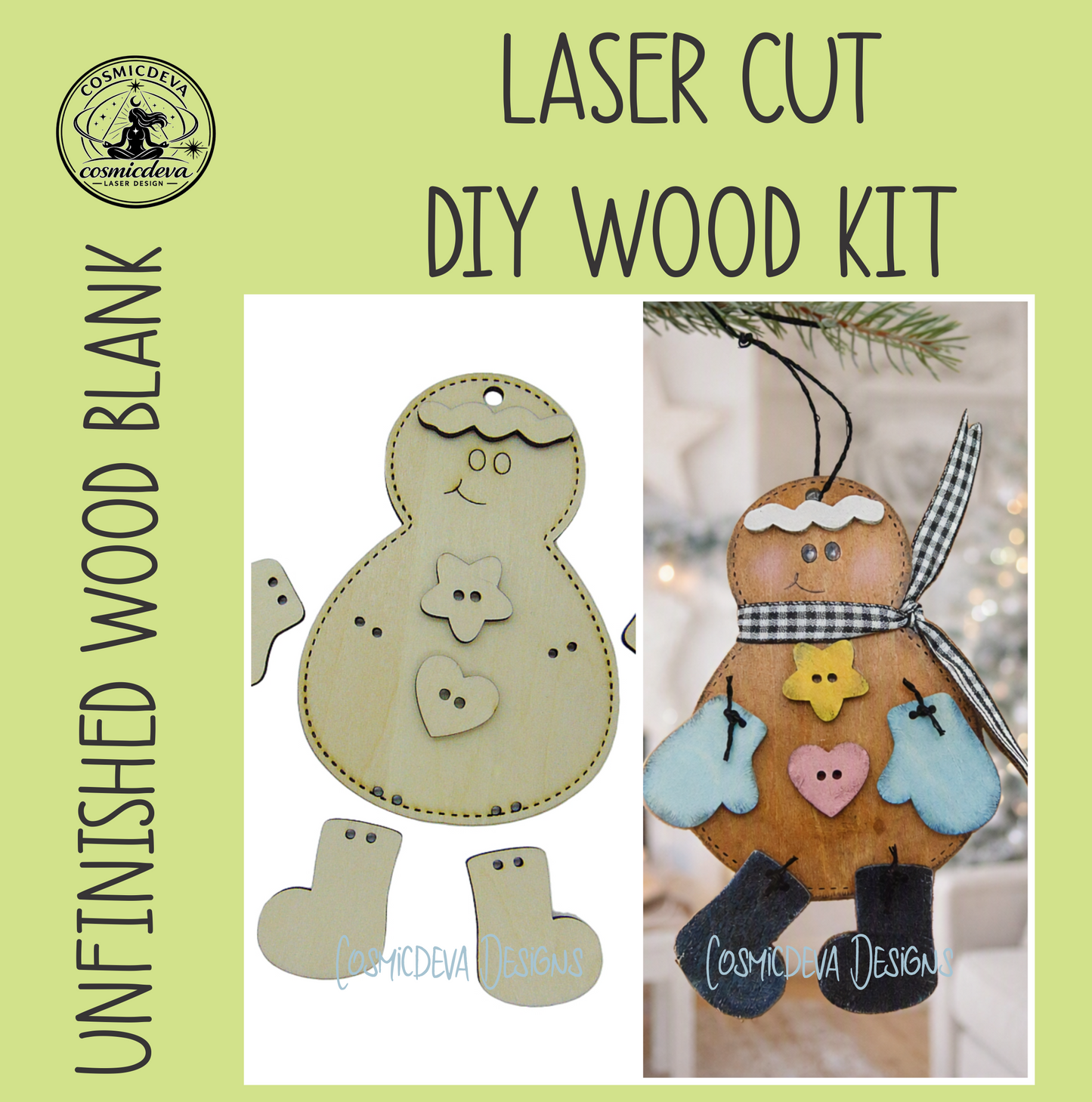 Handmade Stitched Wooden Gingerbread Ornament with Mitten & Checkerboard Bow | Winter Holiday Gift / DIY KIT