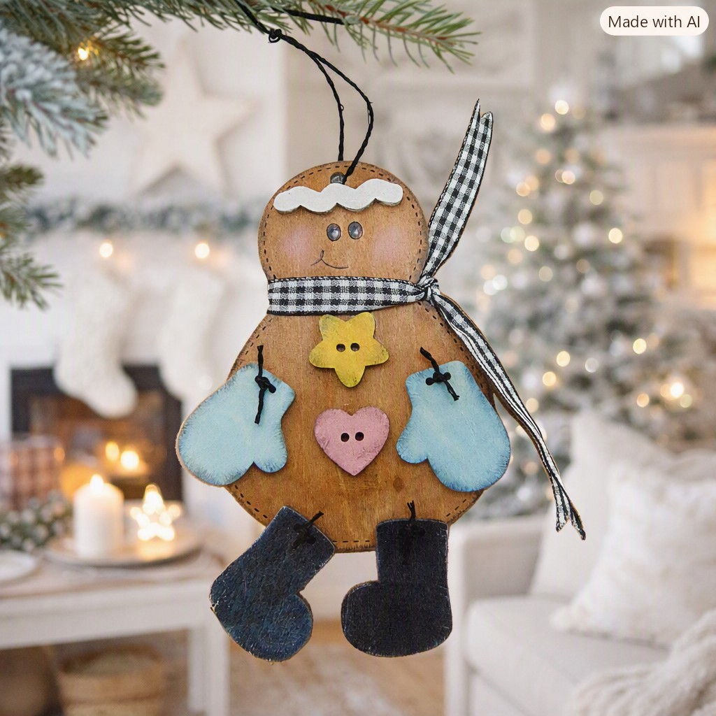 Handmade stitched wooden gingerbread ornament with mitten and checkerboard bow scarf. Cute Christmas tree décor available painted or as a DIY wood kit. Perfect winter holiday gift.