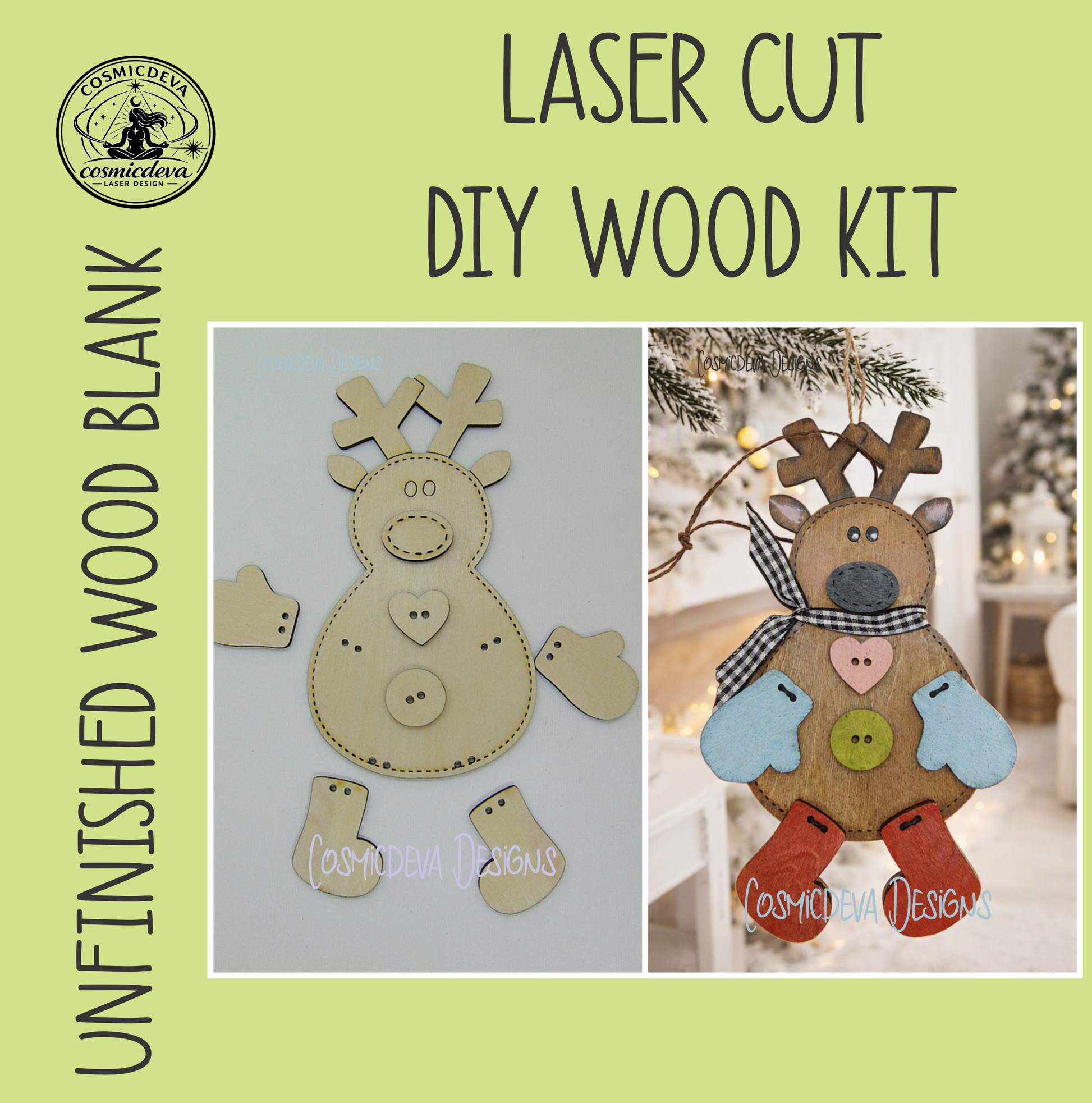 Handmade stitched wooden reindeer ornament with mitten and checkerboard bow scarf. Cute Christmas tree décor, winter holiday gift, hand painted layered wood ornament for festive decorating.