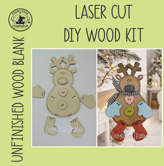 Handmade stitched wooden reindeer ornament with mitten and checkerboard bow scarf. Cute Christmas tree décor, winter holiday gift, hand painted layered wood ornament for festive decorating.