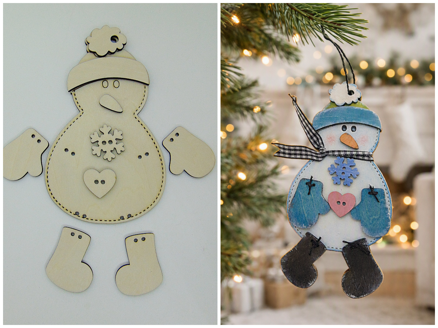 Handmade wooden stitched snowman ornament with fabric scarf, blue mitten, carrot nose, and hand painted layered details. Cute Christmas décor and winter holiday gift. DIY KIT