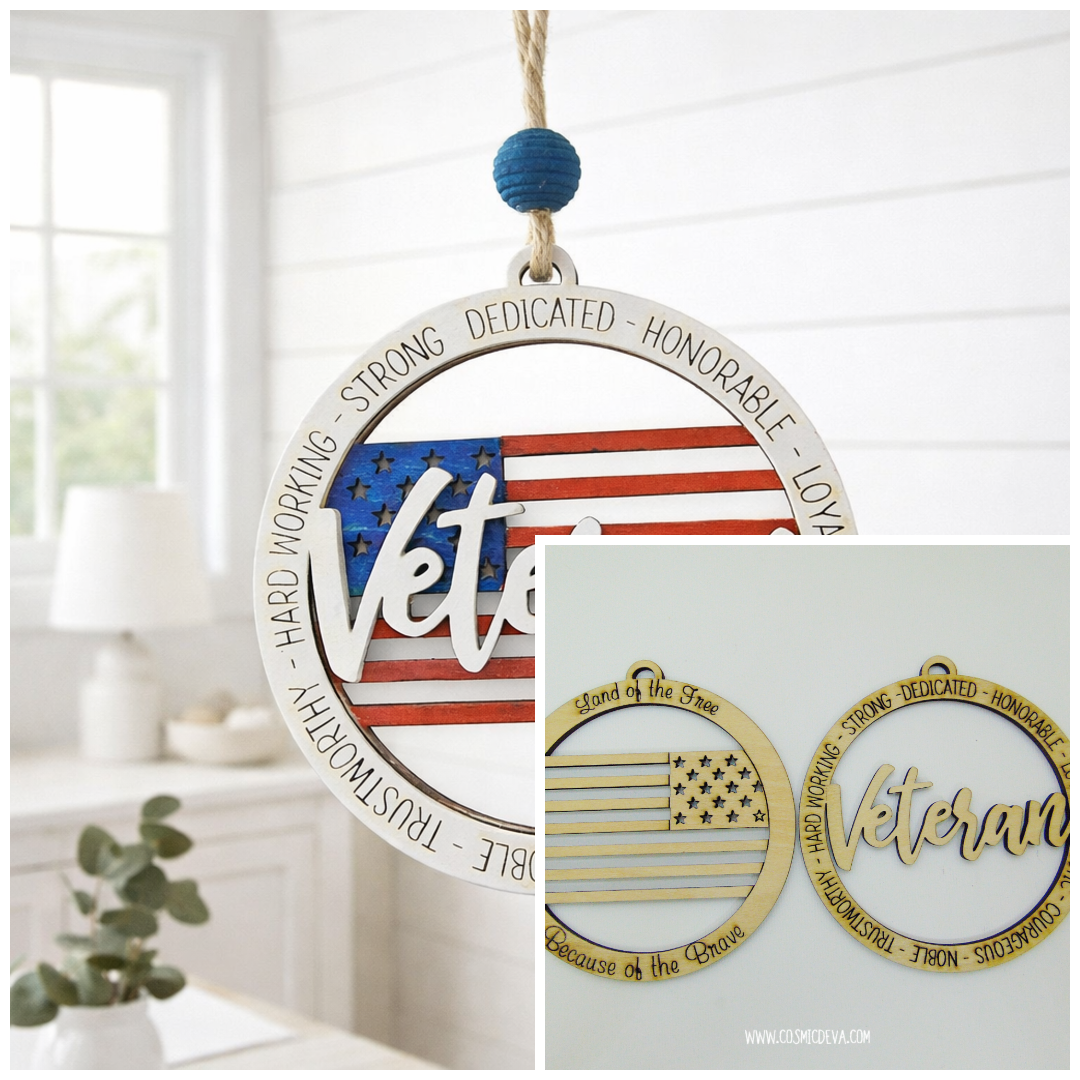 Honor a Veteran with this handmade 2 layer wooden ornament featuring a painted American flag, engraved tribute words, and double sided patriotic text. A meaningful military gift for Christmas, holidays, or year round appreciation.
