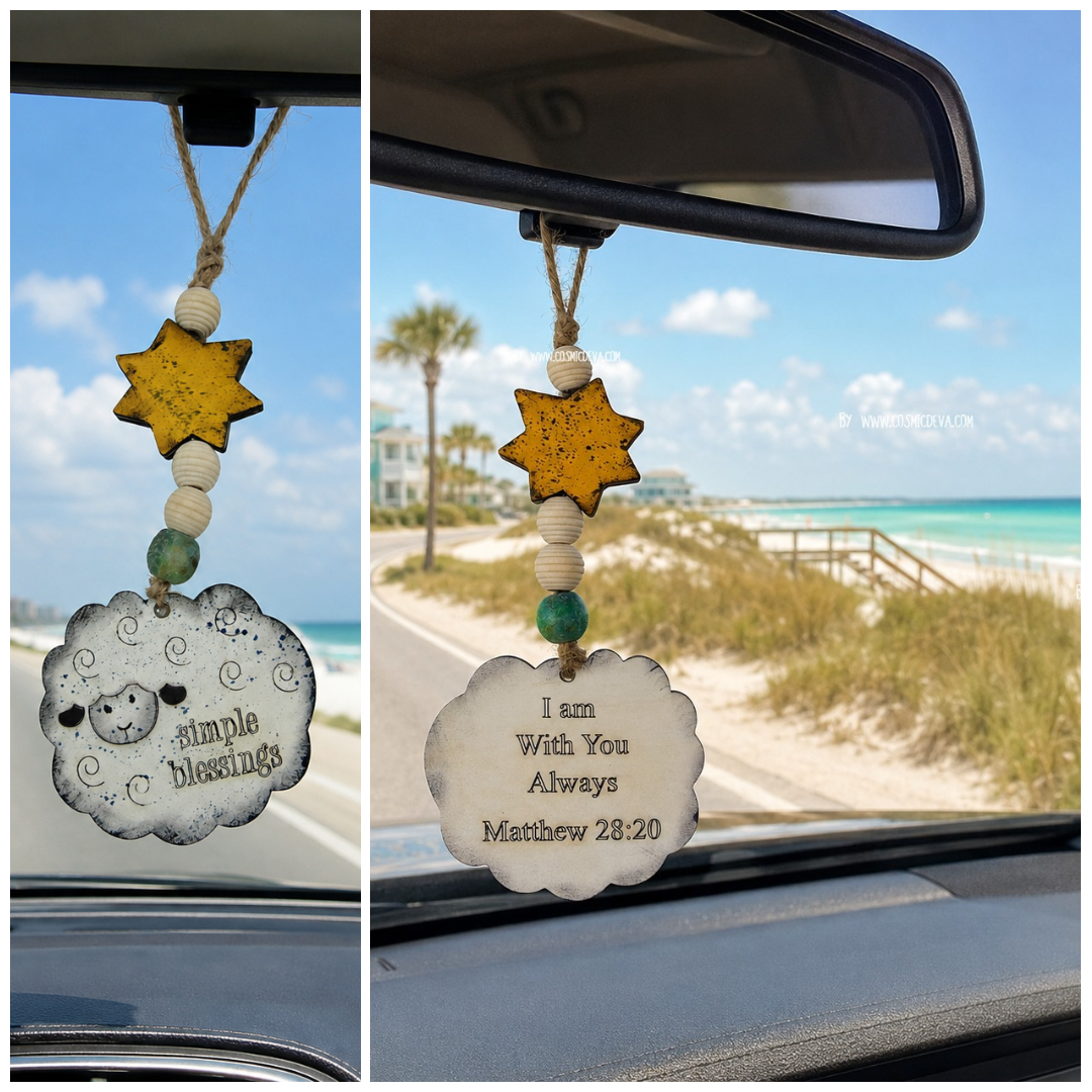 Hand-painted wooden sheep car charm with Simple Blessings and Matthew 28:20 engravings, a yellow star, and aqua sea glass bead. A sweet Christian gift. By Cosmicdeva 