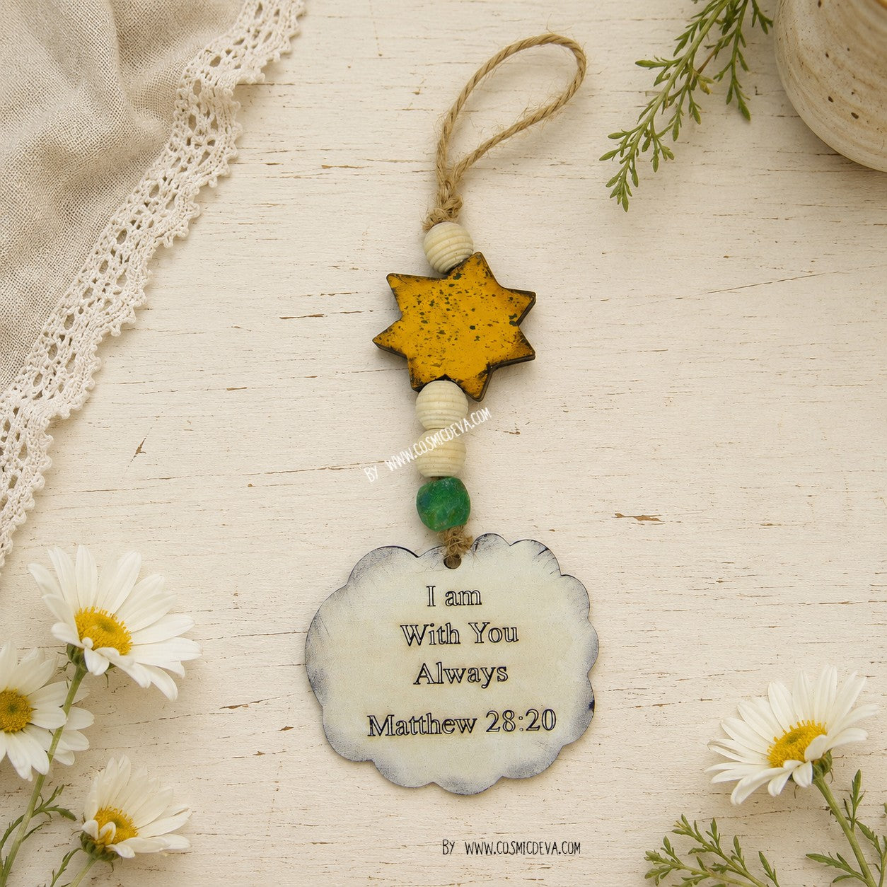 Hand-painted wooden sheep car charm with Simple Blessings and Matthew 28:20 engravings, a yellow star, and aqua sea glass bead. A sweet Christian gift. By Cosmicdeva 