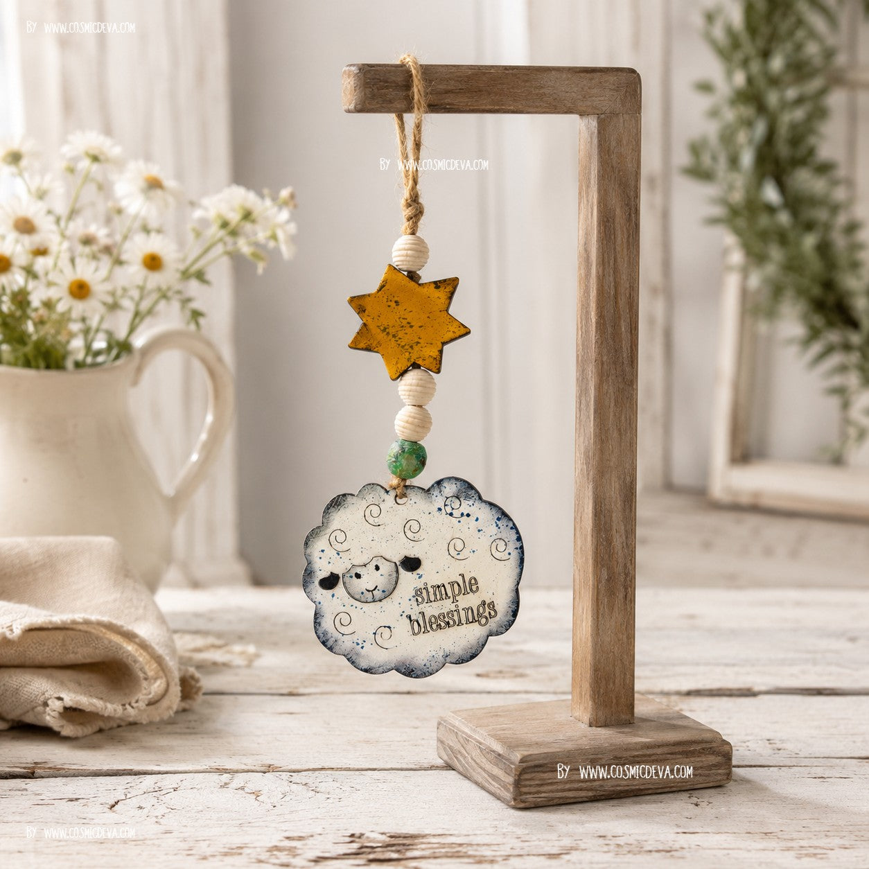 Hand-painted wooden sheep car charm with Simple Blessings and Matthew 28:20 engravings, a yellow star, and aqua sea glass bead. A sweet Christian gift. By Cosmicdeva 