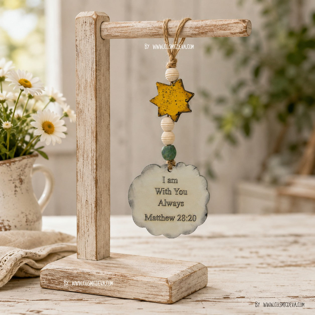 Hand-painted wooden sheep car charm with Simple Blessings and Matthew 28:20 engravings, a yellow star, and aqua sea glass bead. A sweet Christian gift. By Cosmicdeva 