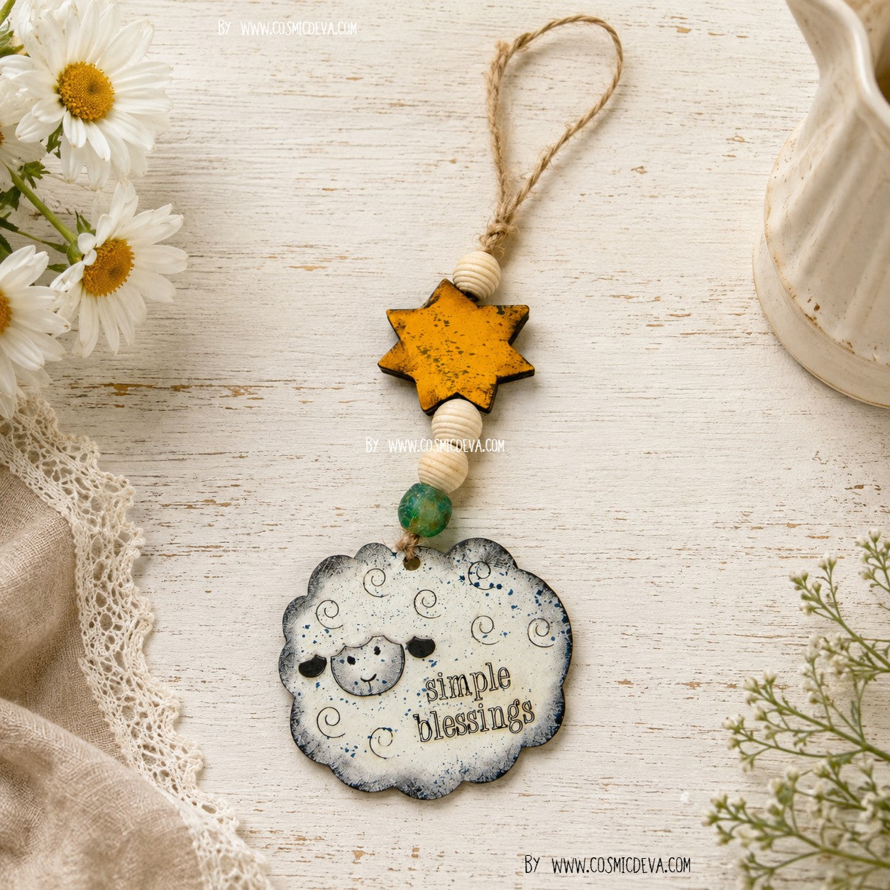 Hand-painted wooden sheep car charm with Simple Blessings and Matthew 28:20 engravings, a yellow star, and aqua sea glass bead. A sweet Christian gift. By Cosmicdeva 
