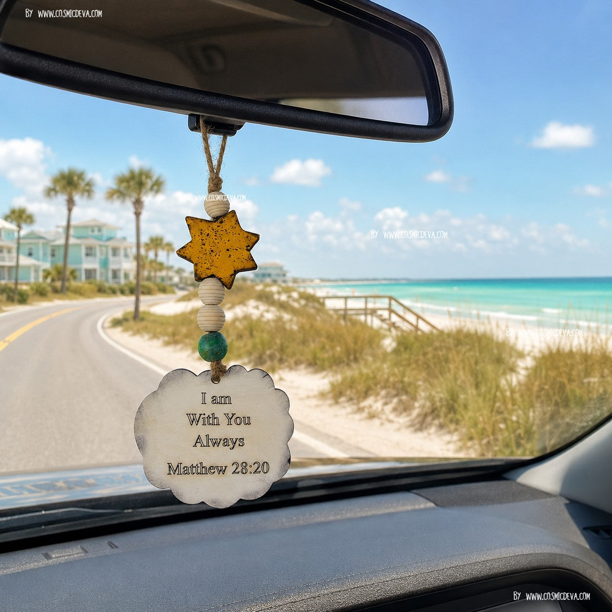 Hand-painted wooden sheep car charm with Simple Blessings and Matthew 28:20 engravings, a yellow star, and aqua sea glass bead. A sweet Christian gift. By Cosmicdeva 