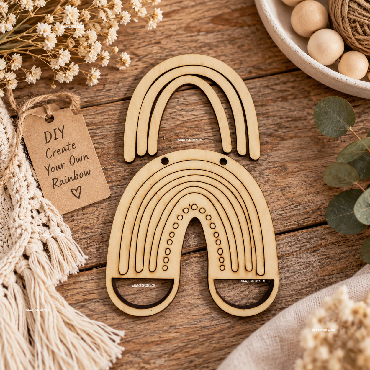 Handmade boho rainbow car charm with layered birch wood, macramé tassels and inspirational back engraving. Choose 3 colors or a DIY kit. Made By Cosmicdeva design