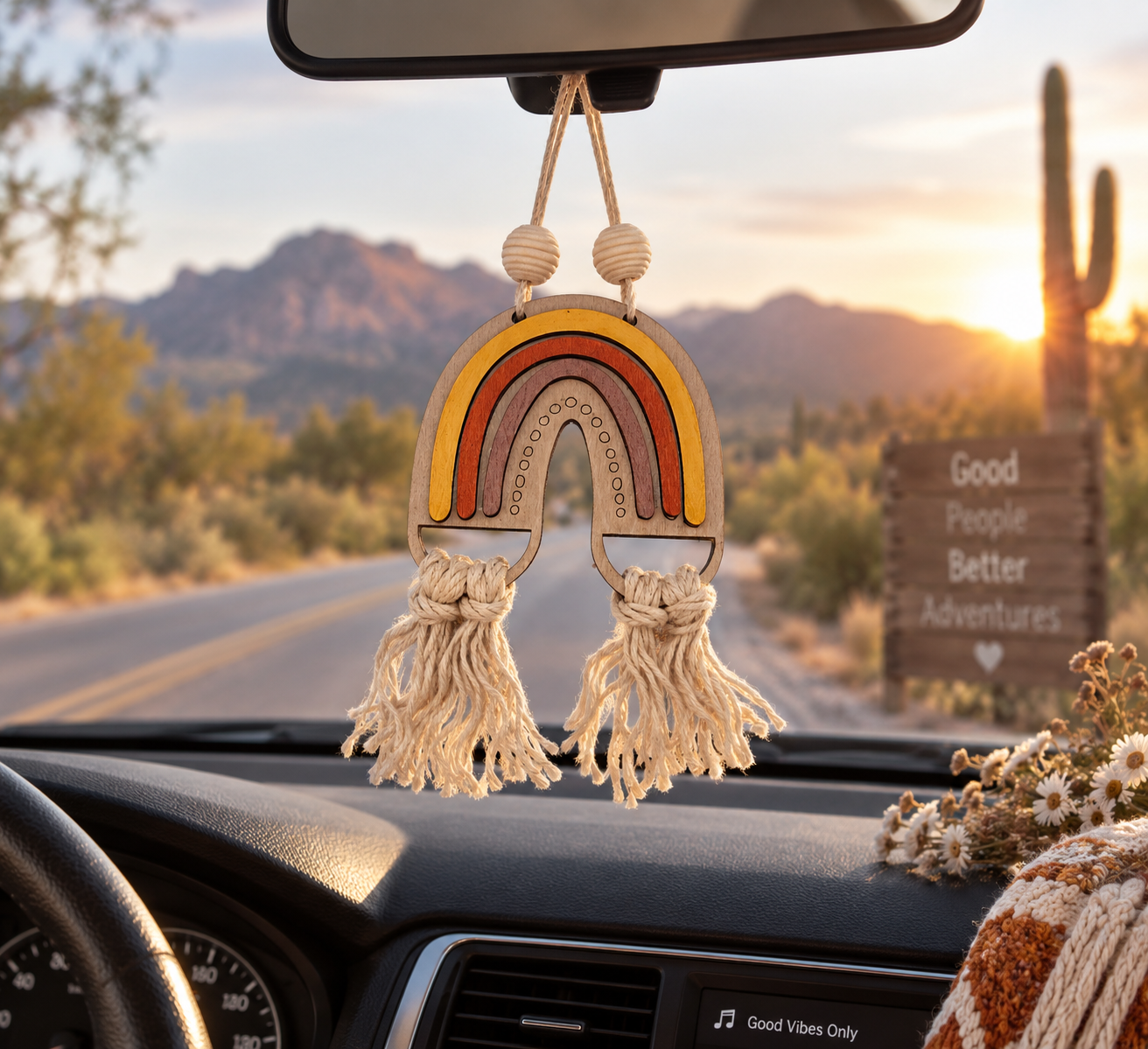 Handmade boho rainbow car charm with layered birch wood, macramé tassels and inspirational back engraving. Choose 3 colors or a DIY kit. Made By Cosmicdeva design