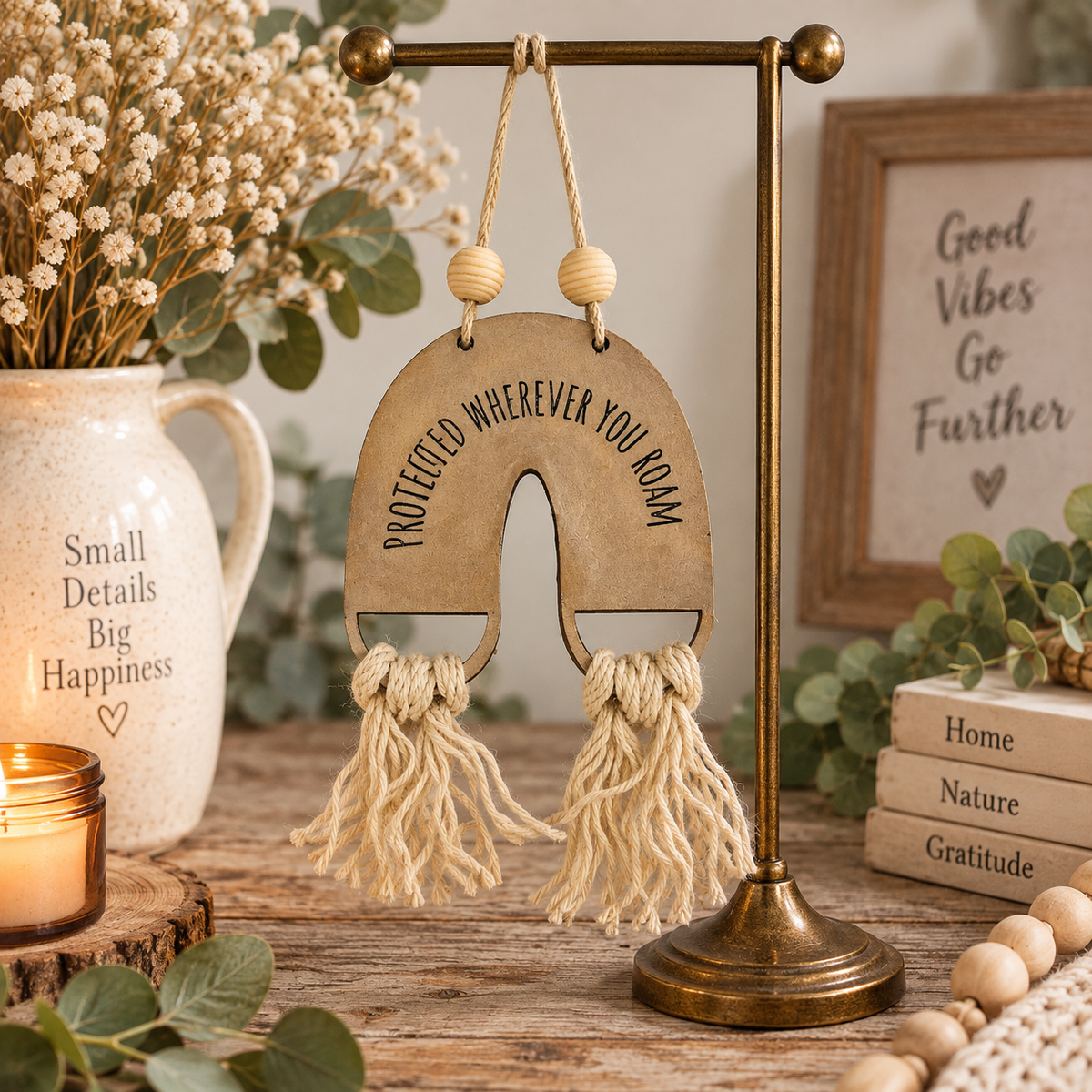 Handmade boho rainbow car charm with layered birch wood, macramé tassels and inspirational back engraving. Choose 3 colors or a DIY kit. Made By Cosmicdeva design