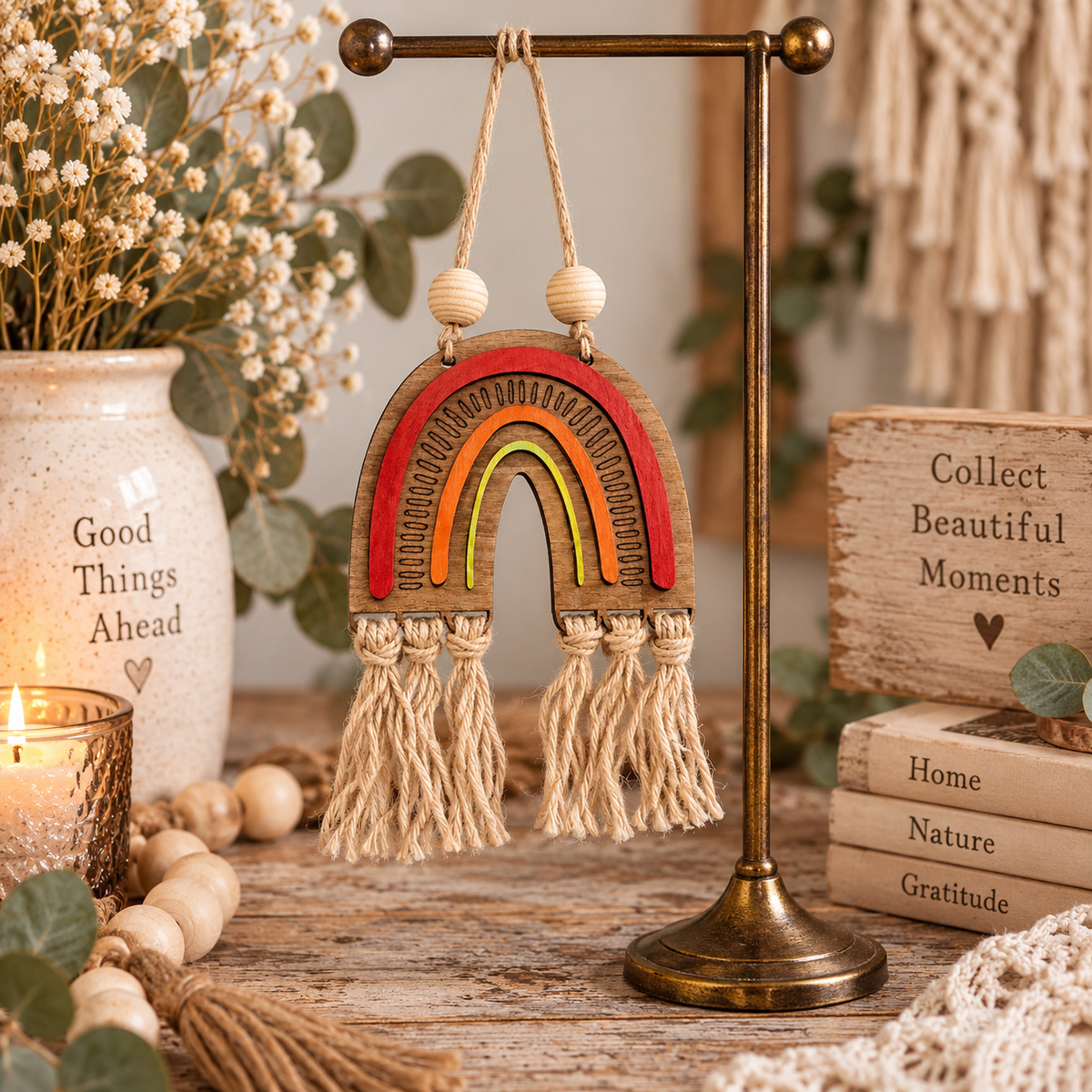 Handmade boho rainbow car charm with layered birch wood, macramé tassels and inspirational back engraving. Choose 3 colors or a DIY kit. Made By Cosmicdeva design