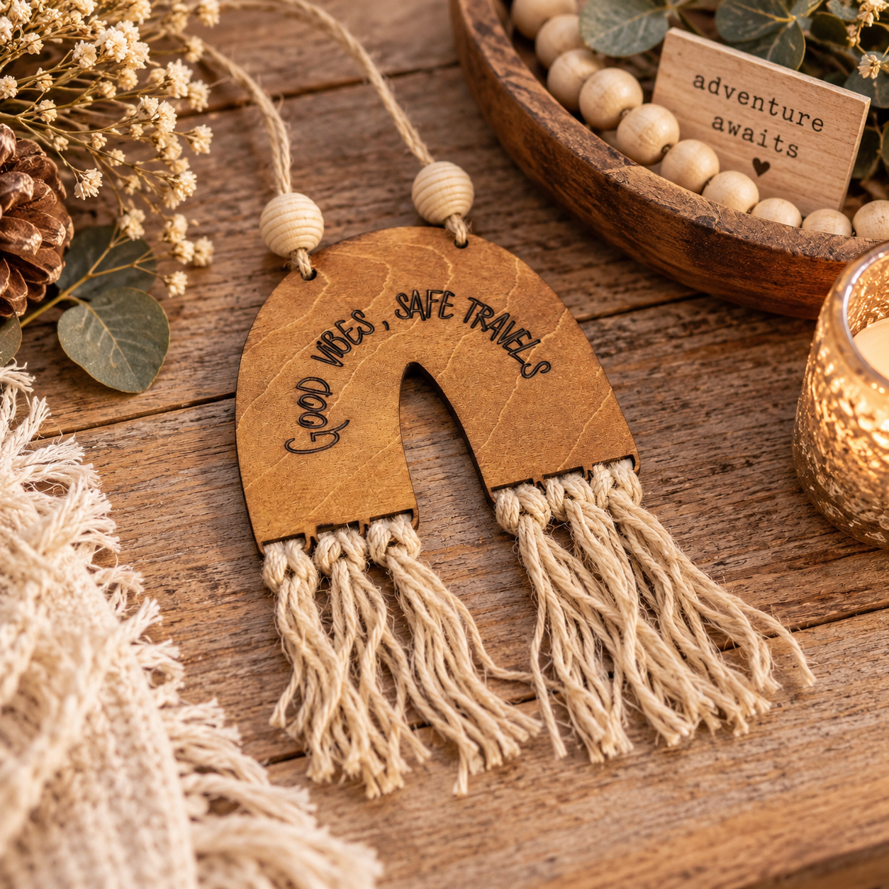Handmade boho rainbow car charm with layered birch wood, macramé tassels and inspirational back engraving. Choose 3 colors or a DIY kit. Made By Cosmicdeva design