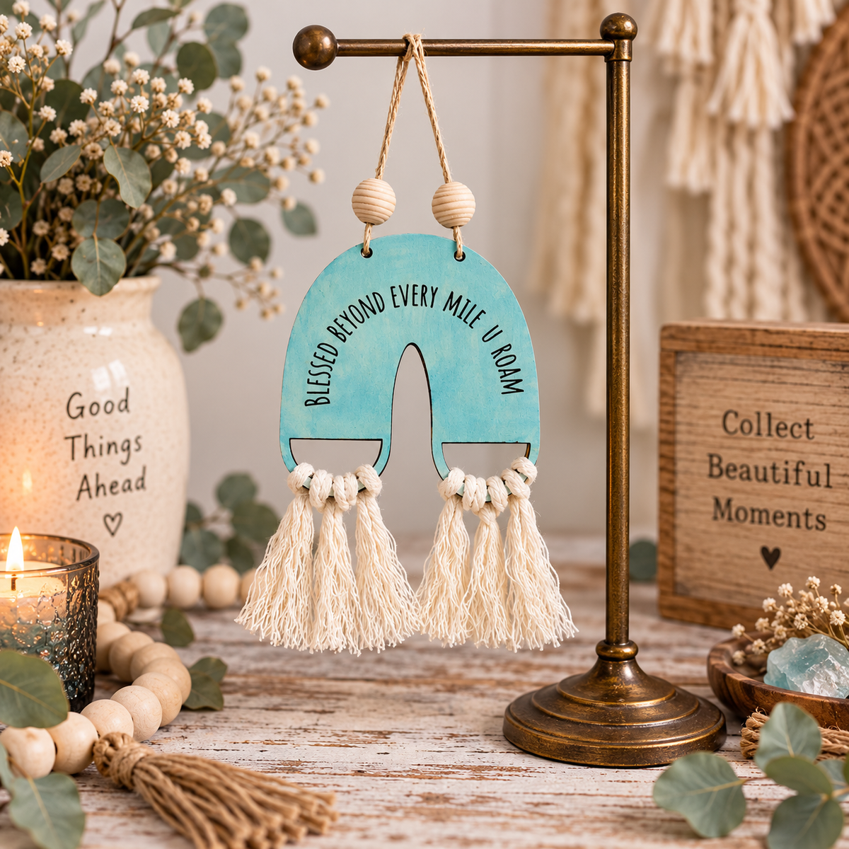 Handmade boho rainbow car charm with layered birch wood, macramé tassels and inspirational back engraving. Choose 3 colors or a DIY kit. Made By Cosmicdeva design