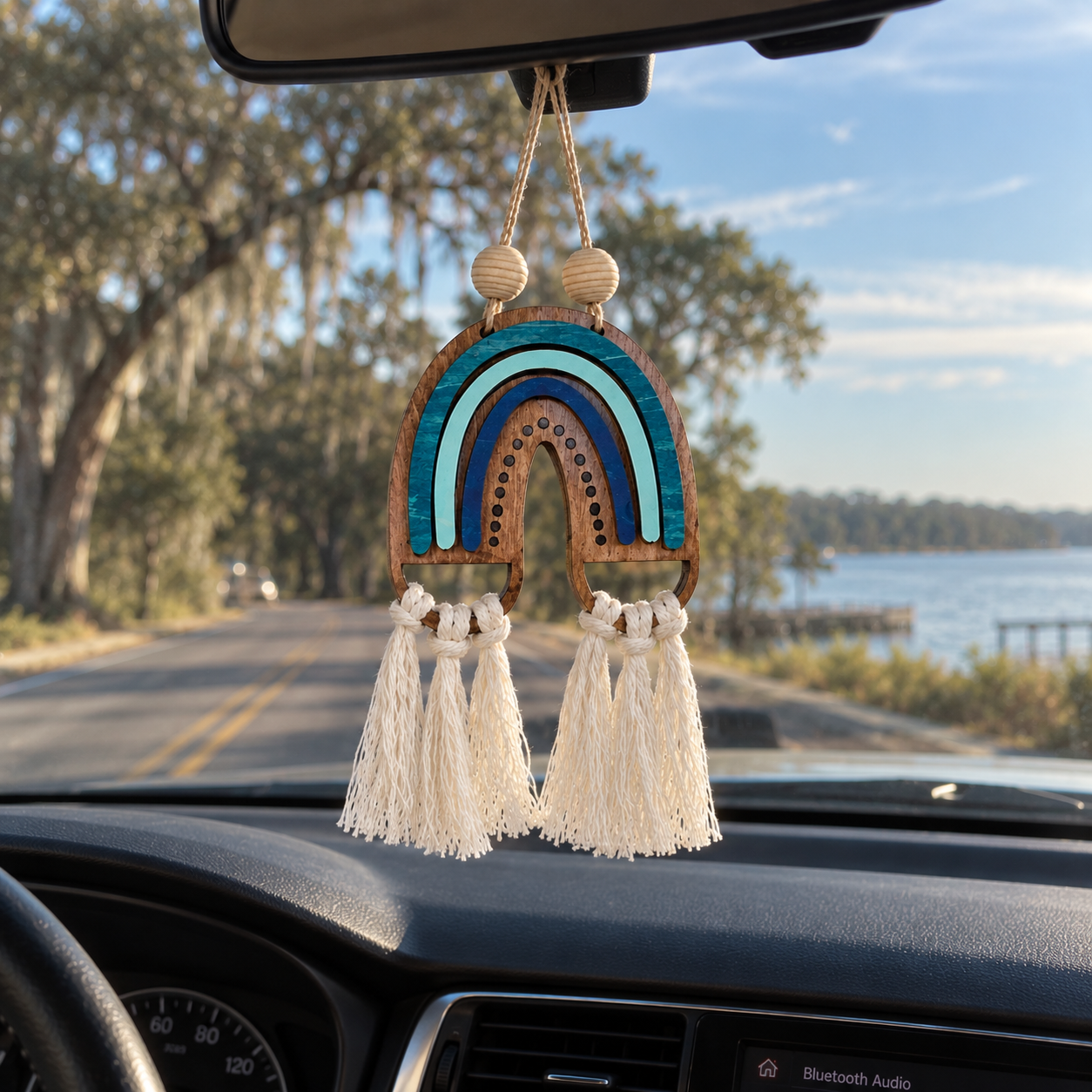 Handmade boho rainbow car charm with layered birch wood, macramé tassels and inspirational back engraving. Choose 3 colors or a DIY kit. Made By Cosmicdeva design