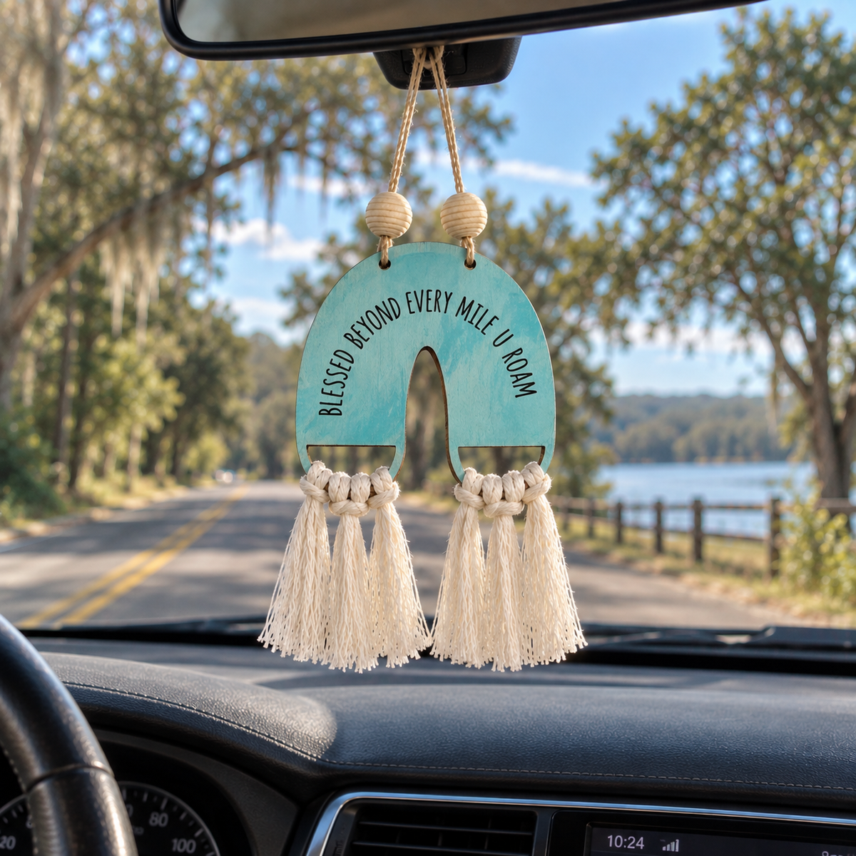 Handmade boho rainbow car charm with layered birch wood, macramé tassels and inspirational back engraving. Choose 3 colors or a DIY kit. Made By Cosmicdeva design