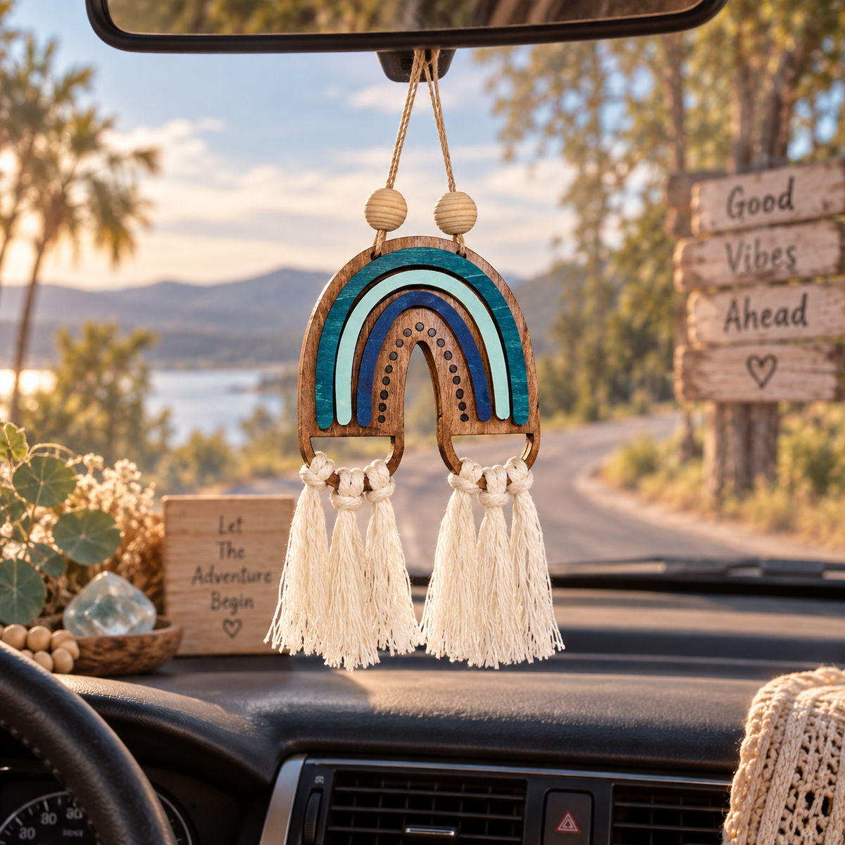 Handmade boho rainbow car charm with layered birch wood, macramé tassels and inspirational back engraving. Choose 3 colors or a DIY kit. Made By Cosmicdeva design