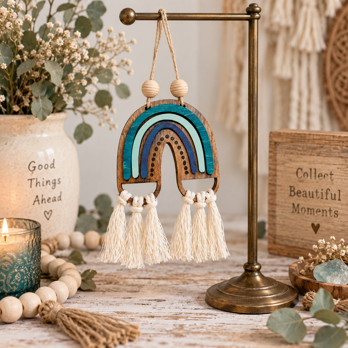 Handmade boho rainbow car charm with layered birch wood, macramé tassels and inspirational back engraving. Choose 3 colors or a DIY kit. Made By Cosmicdeva design