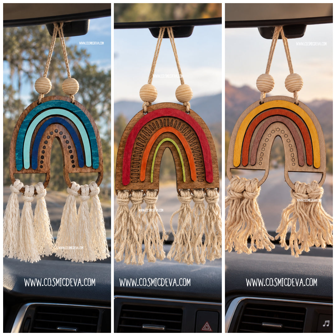 Handmade boho rainbow car charm with layered birch wood, macramé tassels and inspirational back engraving. Choose 3 colors or a DIY kit. Made By Cosmicdeva design