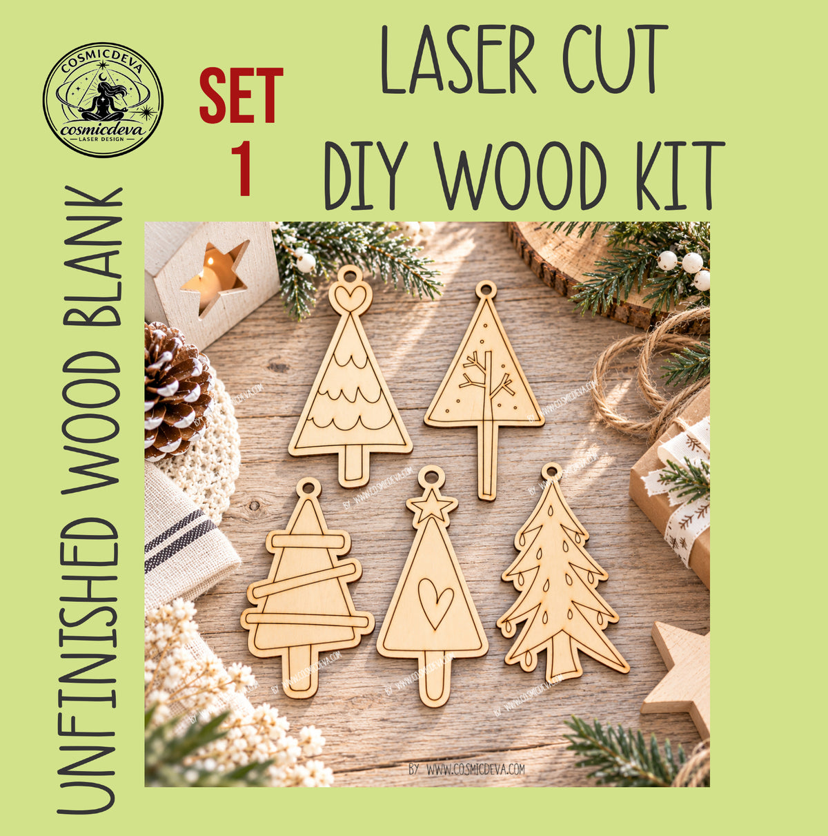 DIY Christmas tree ornaments in sets of 5 or 10. Unfinished birch wood ornaments to paint—perfect for kids, families, paint parties and holiday crafts. By Cosmicdeva