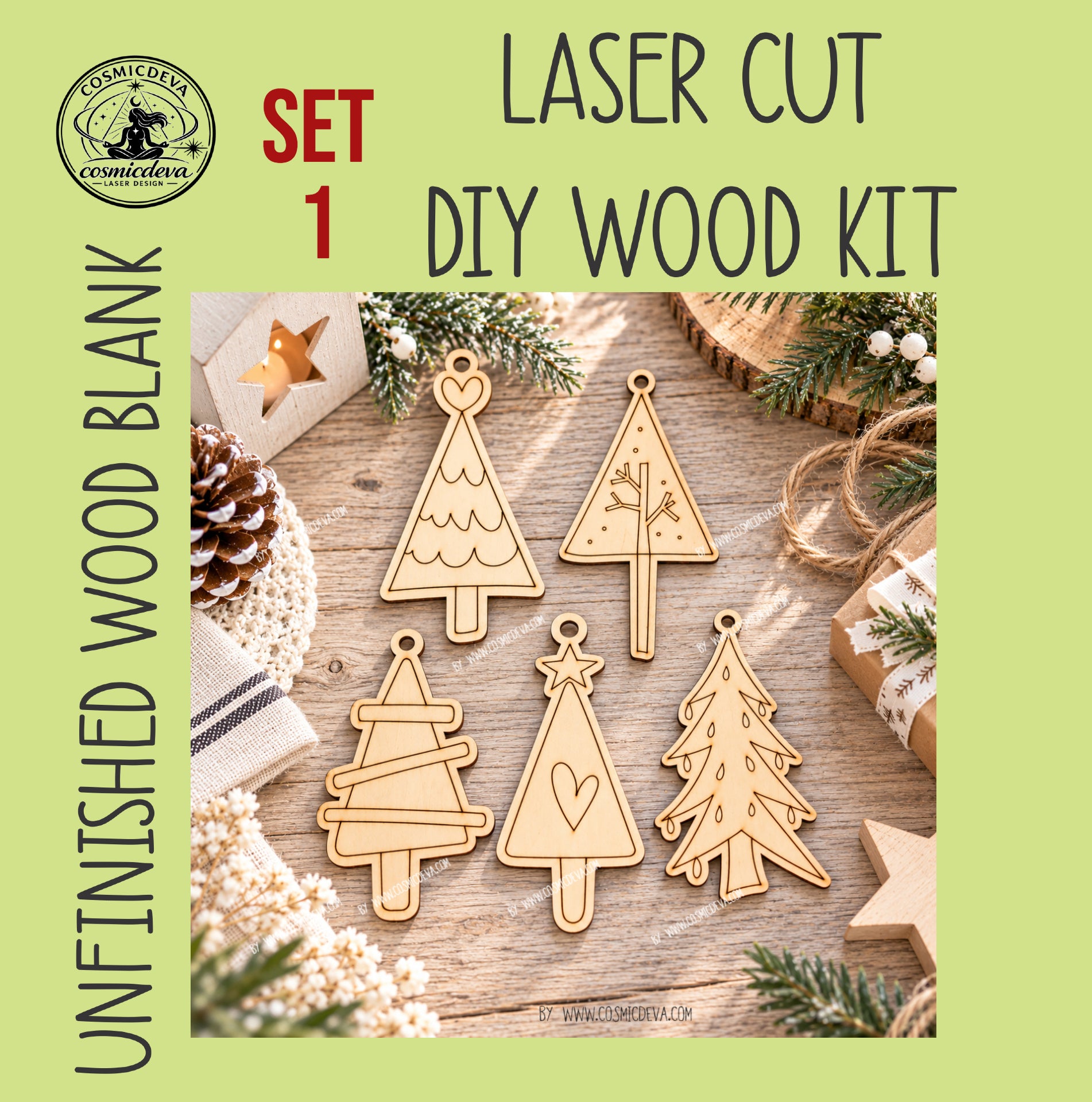 DIY Christmas tree ornaments in sets of 5 or 10. Unfinished birch wood ornaments to paint—perfect for kids, families, paint parties and holiday crafts. By Cosmicdeva